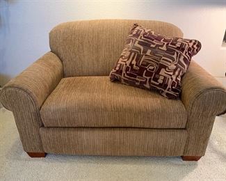 La-Z-Boy Oversized Chair Brown and Beige Lined Fabric with Wood Legs and One Throw Pillow #2 35x58x38 HxWxD