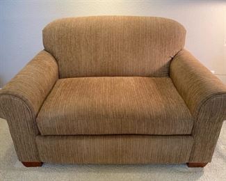 La-Z-Boy Oversized Chair Brown and Beige Lined Fabric with Wood Legs and One Throw Pillow #2 35x58x38 HxWxD