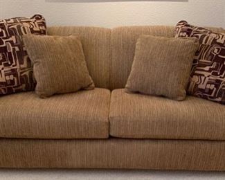 La-Z-Boy Sleeper Sofa Brown and Beige Lined Fabric with Wood Legs 35x80x38 HxWxD
