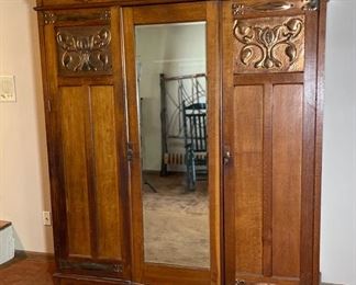 Huge Antique Oak Wardrobe Hammered Copper accent 82x78x24in HxWxD