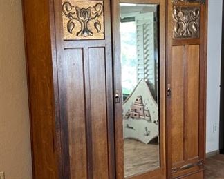 Huge Antique Oak Wardrobe Hammered Copper accent 82x78x24in HxWxD
