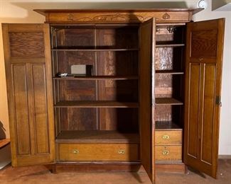Huge Antique Oak Wardrobe Hammered Copper accent 82x78x24in HxWxD