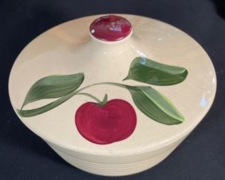 Watt Pottery 601 Apple Ribbed Covered Bowl Small Handle 7in H x 9in Diameter