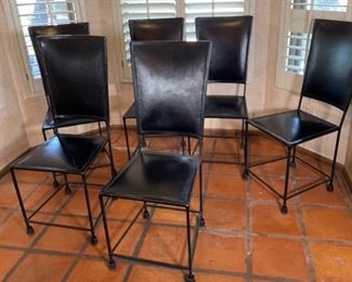 6pc Rustic Leather & Wrought Iron Dining Chairs 42x17x18in HxWxD