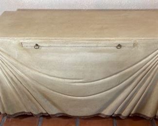 Vintage Marge Carson Leather Clad Serving Console Table Faux Drape Server 29x53x23in HxWxD