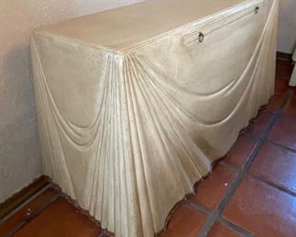 Vintage Marge Carson Leather Clad Serving Console Table Faux Drape Server 29x53x23in HxWxD