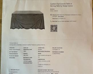 Vintage Marge Carson Leather Clad Serving Console Table Faux Drape Server 29x53x23in HxWxD