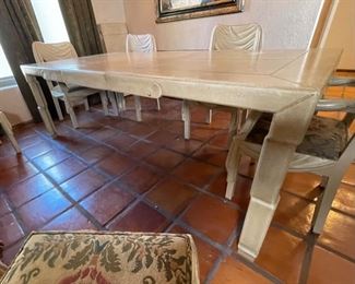 Vintage Marge Carson Leather Clad Dining Table w/ 6 Chairs 31in Hx 34in W x 70-90-120in