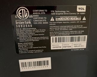 TLC 24IN 1080P TV LE24FHDD20 17.5X23.5X7IN HxWxD