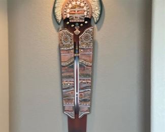 Artist Made Ceramic & Wood Wall Sculpture Native American Sunburst Raku 53x16in