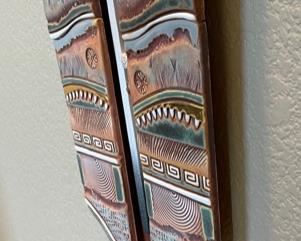 Artist Made Ceramic & Wood Wall Sculpture Native American Sunburst Raku 53x16in