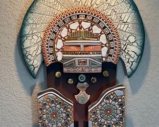 Artist Made Ceramic & Wood Wall Sculpture Native American Sunburst Raku 53x16in