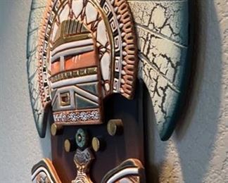 Artist Made Ceramic & Wood Wall Sculpture Native American Sunburst Raku 53x16in