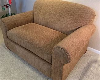 La-Z-Boy Oversized Chair Brown and Beige Lined Fabric with Wood Legs and One Throw Pillow #2 35x58x38 HxWxD