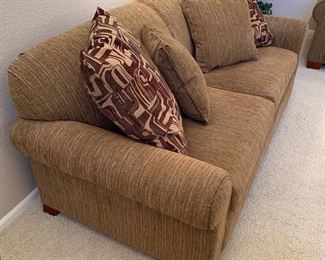 La-Z-Boy Sleeper Sofa Brown and Beige Lined Fabric with Wood Legs 35x80x38 HxWxD