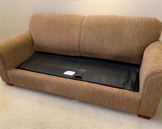 La-Z-Boy Sleeper Sofa Brown and Beige Lined Fabric with Wood Legs 35x80x38 HxWxD