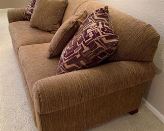 La-Z-Boy Sleeper Sofa Brown and Beige Lined Fabric with Wood Legs 35x80x38 HxWxD