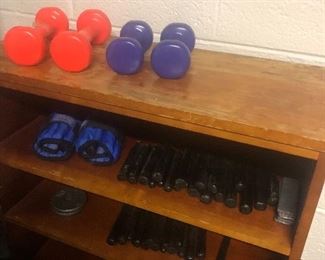 Hand weights and bookcase