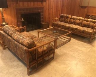 Mid-Modern Rattan loveseat, couch, cocktail, and side table
