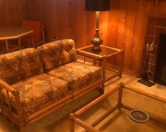 Mid-Modern Rattan loveseat, cocktail and side table