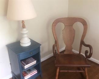 Wood rocker, side table and lamp