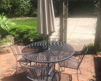 Round metal patio table, umbrella, stand and 4 side chairs
