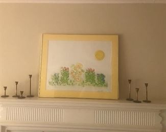 Framed/signed print and brass candle holders