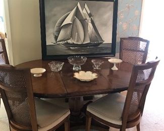 Dining table with 2 leaves and cane-back chairs (4 side and 2 armchairs) - simple and clean lines, LENOX and ORREFORS CRYSTAL, LARGE BLACK AND WHITE FRAMED PRINT