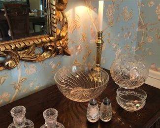 Waterford candle holders bowls Lismore pattern salt and pepper shakers detailed view of mirror frame, brass buffet lamps set of two available