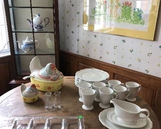 White porcelain dishes Fitz and Floyd soup terrine and glass condiment tray