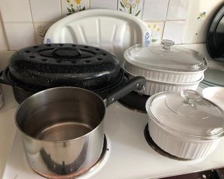 Kitchen essentials: roasting pan sauce pot covered baking dishes fish platter