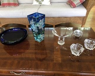 Curated selection of crystal: Or refors, Waterford, signed piece for Tiffany’s, and handpainted vase