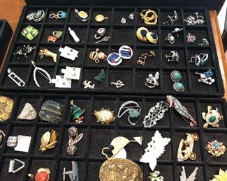 Large collection of pens earrings both clip and pierced, and pendants- Some Sterling balance is costume jewelry