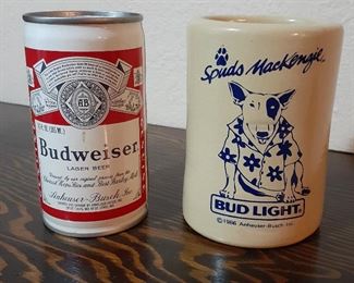 Vintage Bud collectibles, including very rare Spuds Mackenzie coozie