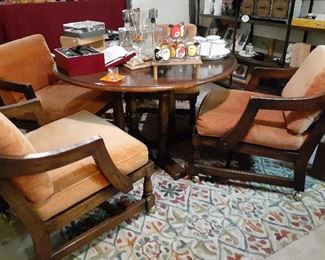 Very unique vintage sold wood game/poker table and 4 chairs