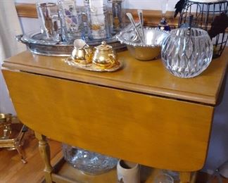 Vintage maple drop leaf serving cart, with sliding glass shelf