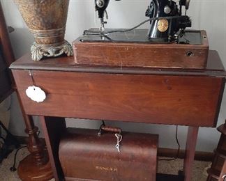 Small drop leaf table and very old Singer sewing machine