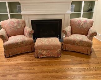 Pair custom floral lounge chairs with ottoman