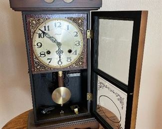 #4	misc	Vintage Alaron 31 Day Mantel Wall Clock - 10x5x22 - with pendulum and key	 $ 75.00 