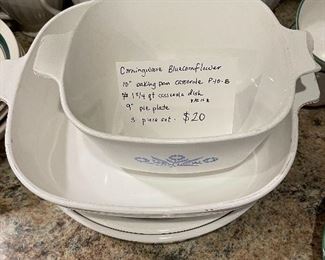 #20	kitchen	Corningware Blue Cornflower set (10" baking pan, 9" pie plate, 1 3/4 casserole dish *As is handle* )	 $ 20.00 