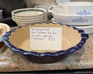 #21	kitchen	The Pampered Chef: New Traditions Stoneware - Deep dish pie plate, dark blue	 $ 25.00 