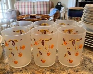 #28	china	vintage set of 6 - Hall Autumn Leaf Pattern: frosted 3 3/4 glasses *1 as is*	 $ 20.00 