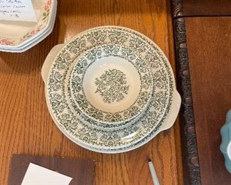 #34	china	Royal China Rare Green Underglazed 1954 Floral Bird: 3 dinner plates, 2 bread & butter 3 bowls	 $ 40.00 