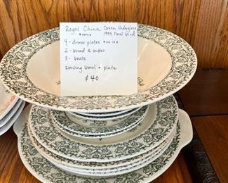 #34	china	Royal China Rare Green Underglazed 1954 Floral Bird: 3 dinner plates, 2 bread & butter 3 bowls	 $ 40.00 