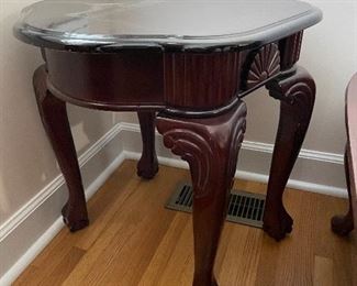 #53		Wood with black finish top end tables (2) With ball and claw feet - 19.5x21.5x21.5 *as is* finish 45 each	 $ 90.00 