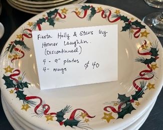 #58		Fiesta Holly & Stars by Homer Laughlin (Discontinued) 4 - 9" plates and 4 mugs	 $ 40.00 