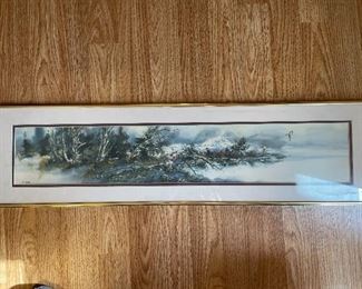 #104	Art	Signed/Unknown Artist - Ducks flying across lake - 30 1/4x 8 1/4 - framed (brass frame)	 $ 30.00 