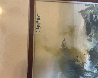 #104	Art	Signed/Unknown Artist - Ducks flying across lake - 30 1/4x 8 1/4 - framed (brass frame)	 $ 30.00 