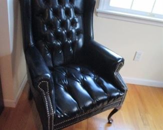 Black Leather Tufted Chesterfield Style Sofa & Wing Chairs