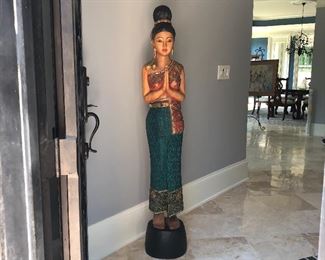 Welcome!!!! Carved Thai Sawasdee Statue.  Traditional Thai Lady in the Wai Position (Was is the traditional greeting showing respect) 60" tall
